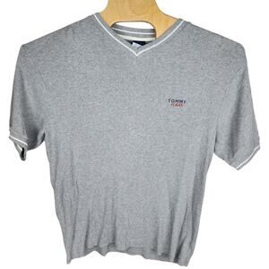 Men's Vintage Tommy Jeans Shirt Gray Thermal Short Sleeve V-Neck Cotton Large L
